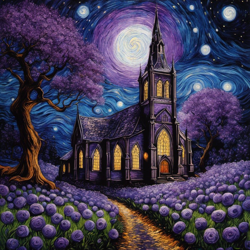 Gothic Starry Night in Neo-Impressionist Style