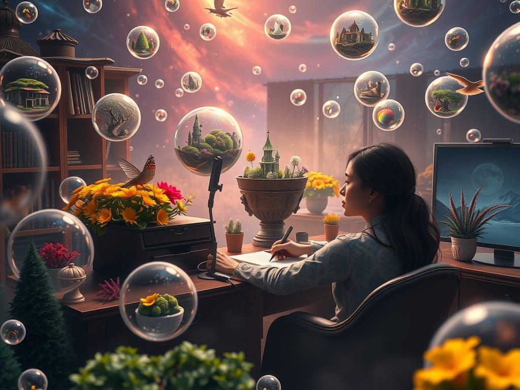 Magical Writer Surrounded by Fantasy Worlds