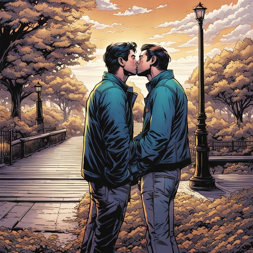 Men Kissing in Park: Comic Book Art Style