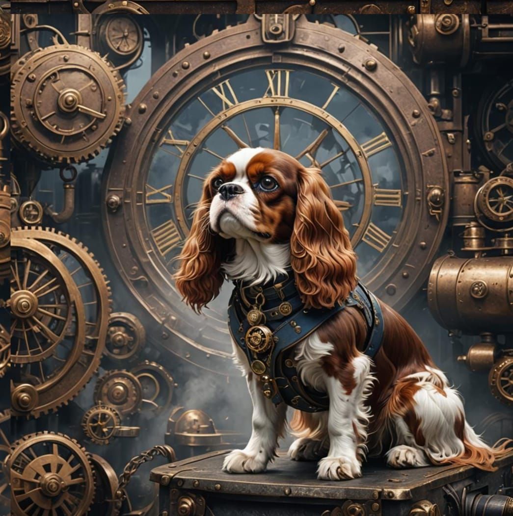 Steampunk Cavalier King Charles Spaniel in Detailed Painting