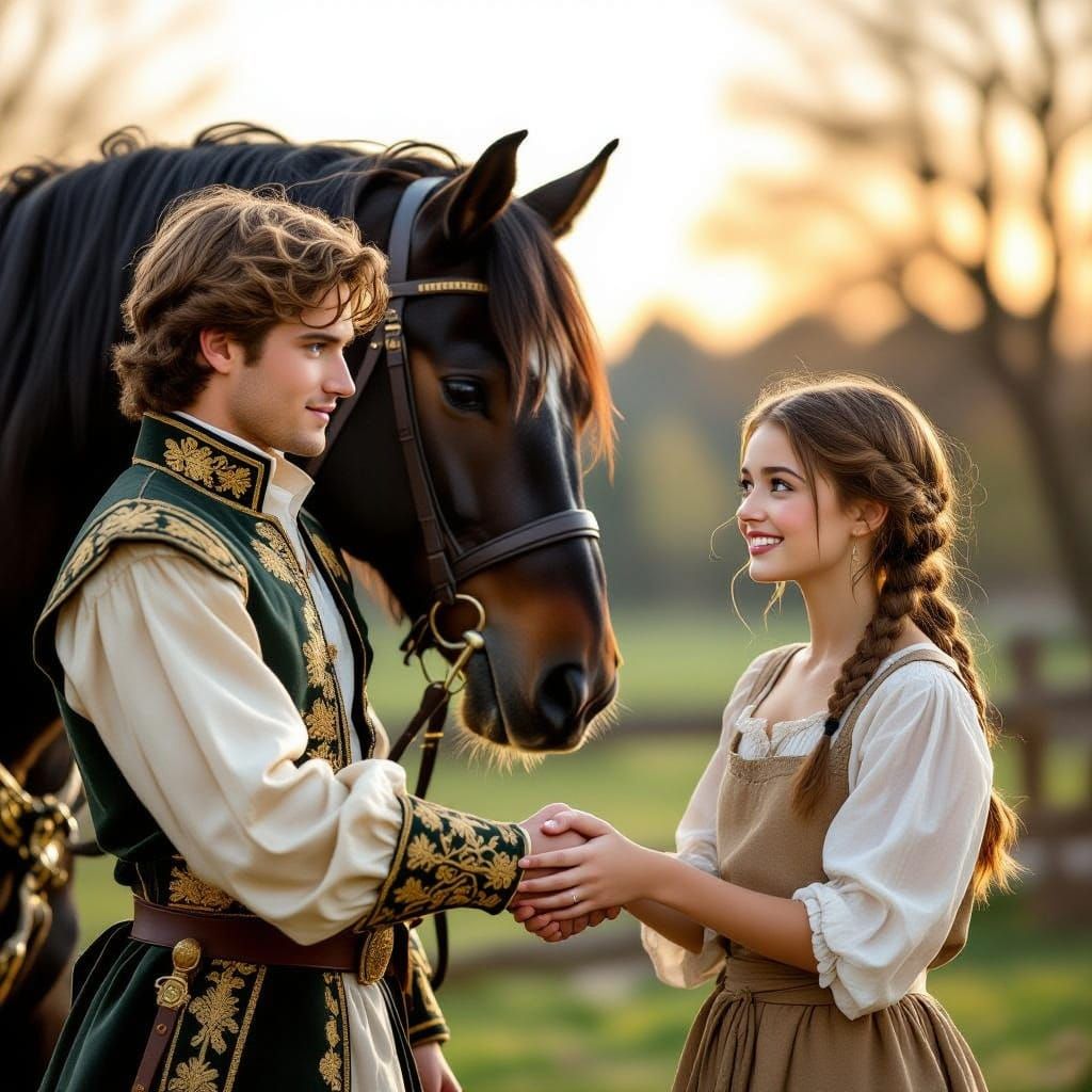 Prince Assists Dazzling Peasant Girl in Whimsical Scene