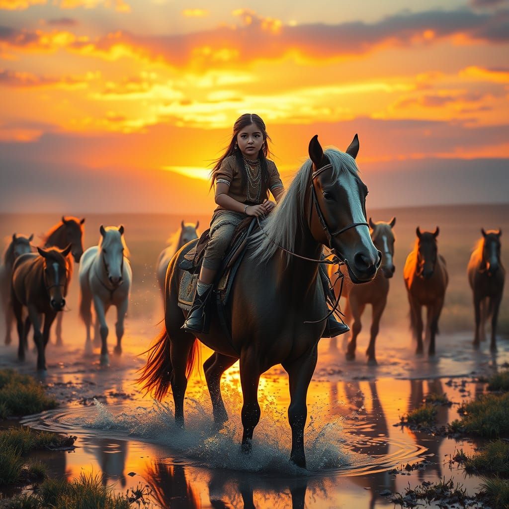 A Native American Girl Rides Her Horses into Sunset