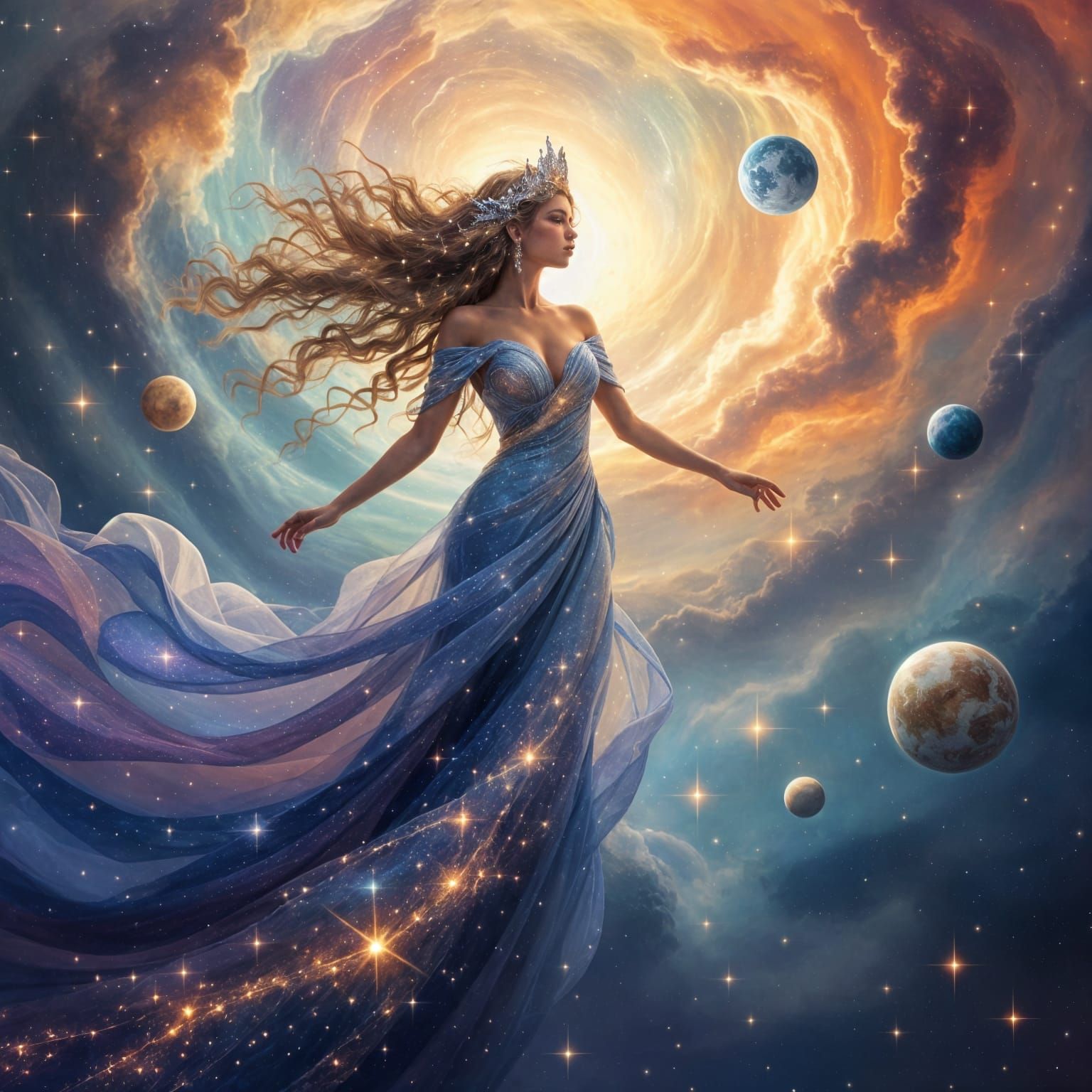 Ethereal Goddess Radiates Cosmic Beauty in Vibrant Nebula