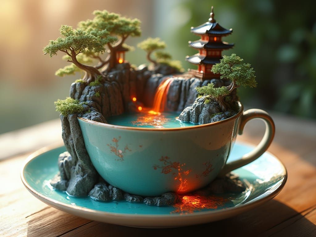 Ethereal Porcelain Teacup Landscape in Whimsical Fantasy Sty...