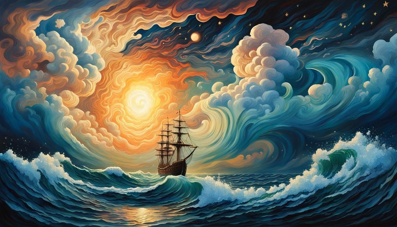 Billowing Clouds Over Ocean in Impressionist Style