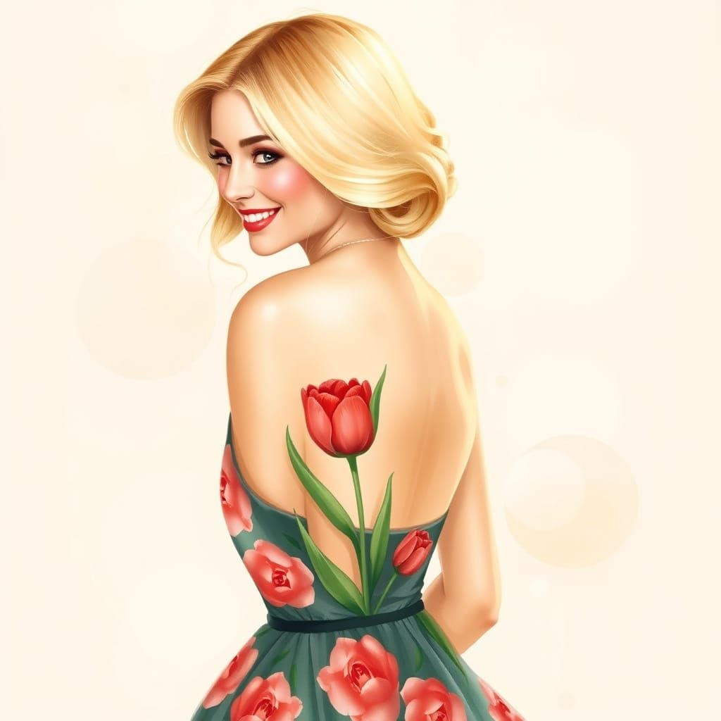 Elegant Blonde Woman in Tulip Dress with Golden Lighting