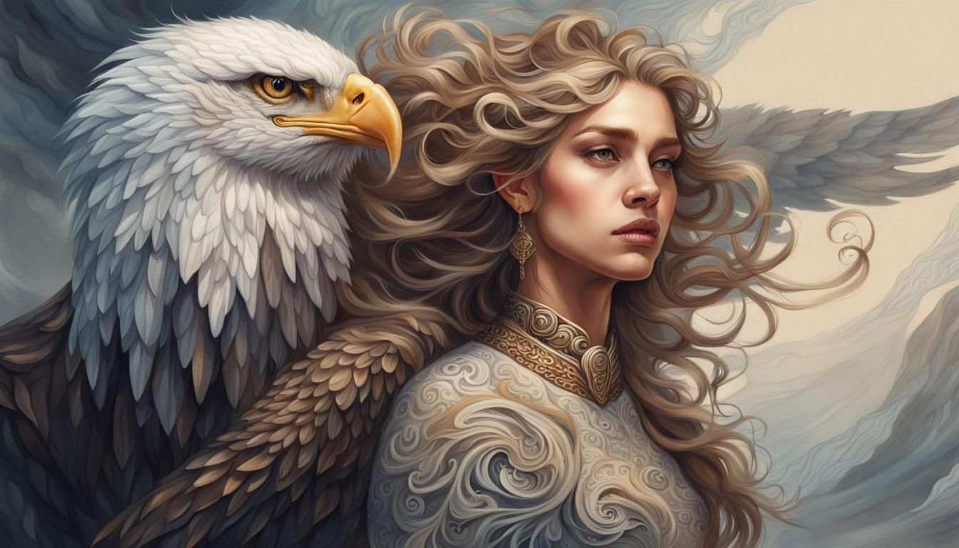 Fantasy Eagle Girl Portrait in Watercolor Style