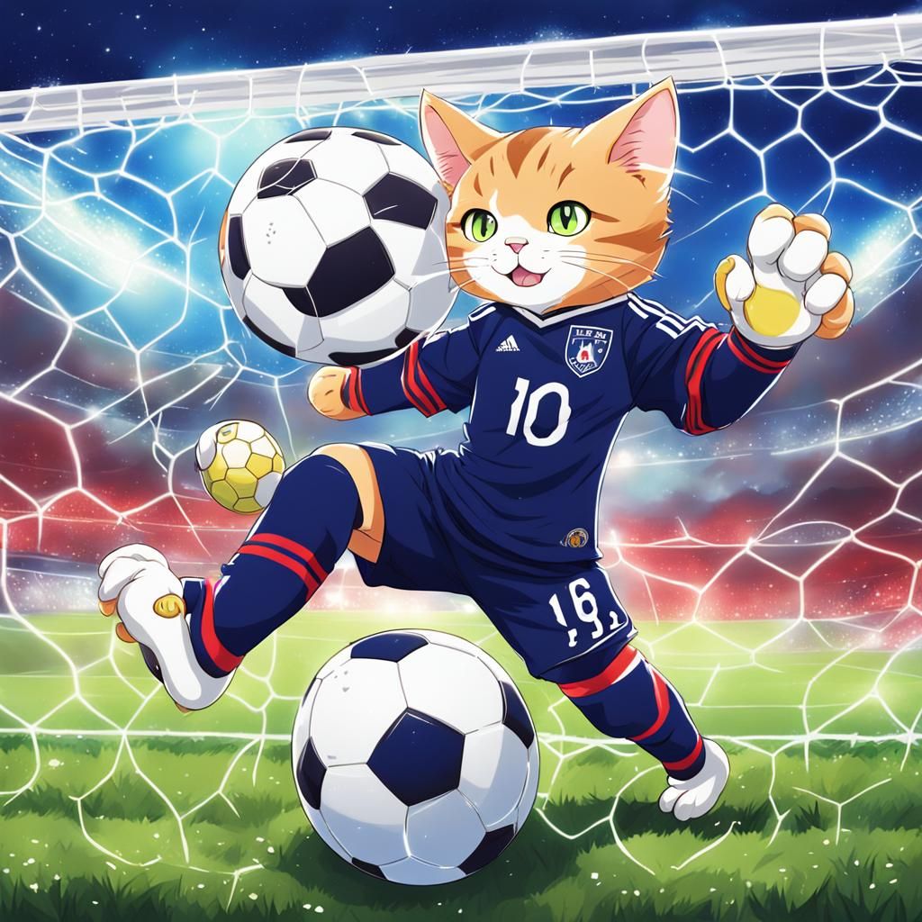 Cat Goalkeeper Saves Ball: Anime Style