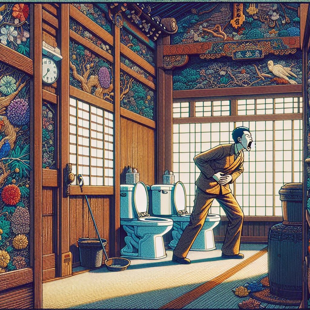 Humorous Anime Concept Art: Urgent Lavatory Search