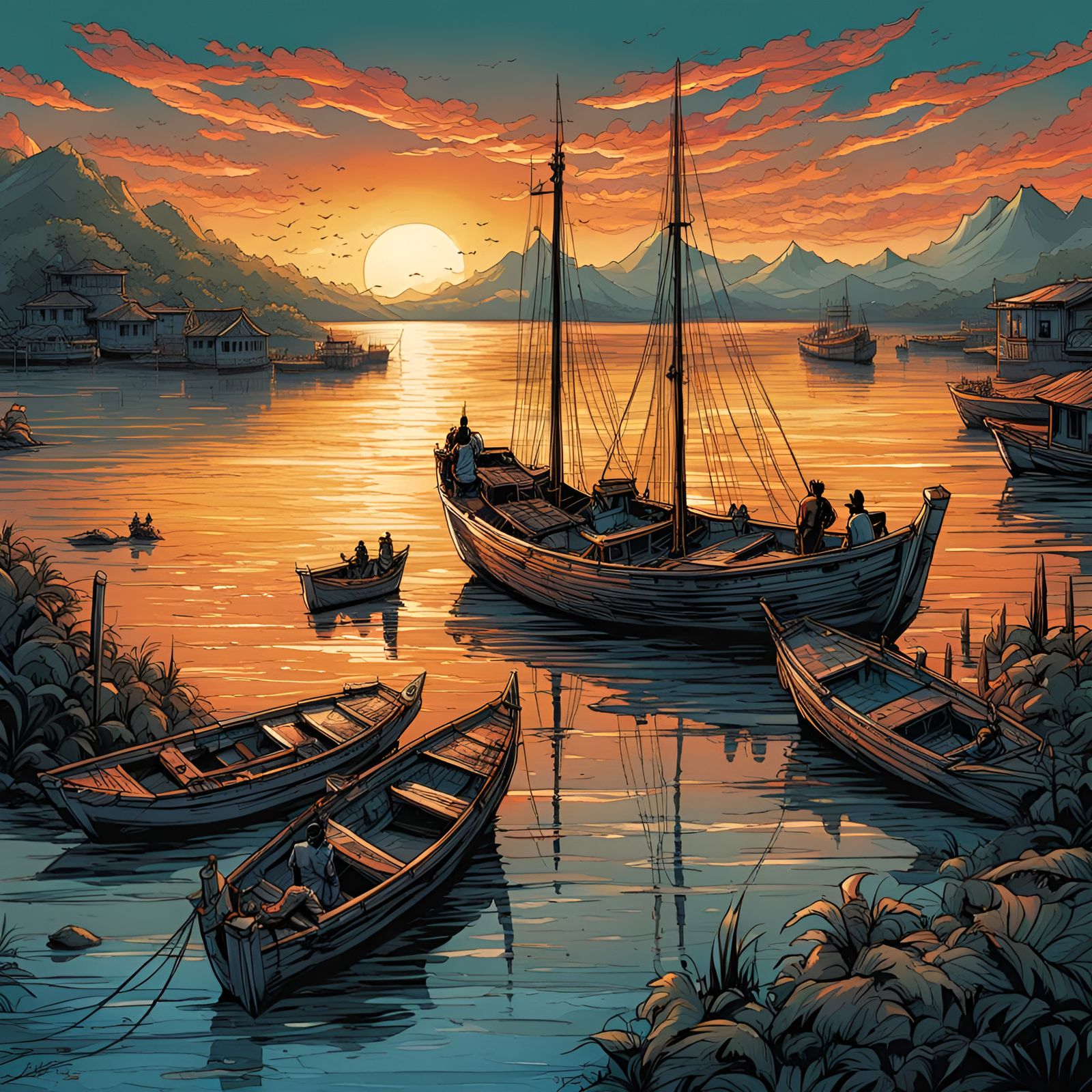 Sunset Boats in Philippines: Comic Book Art Style