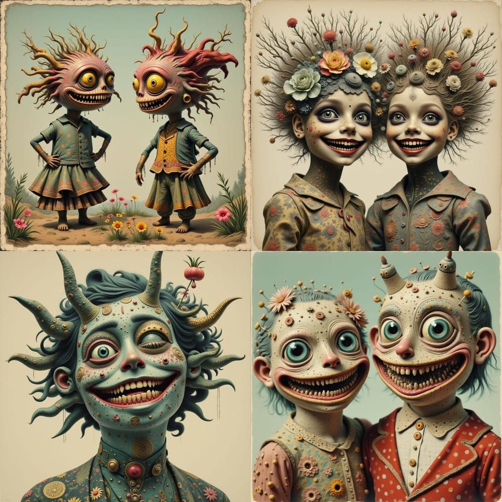 Surreal Double Exposure of Happy Monsters in Vintage Style