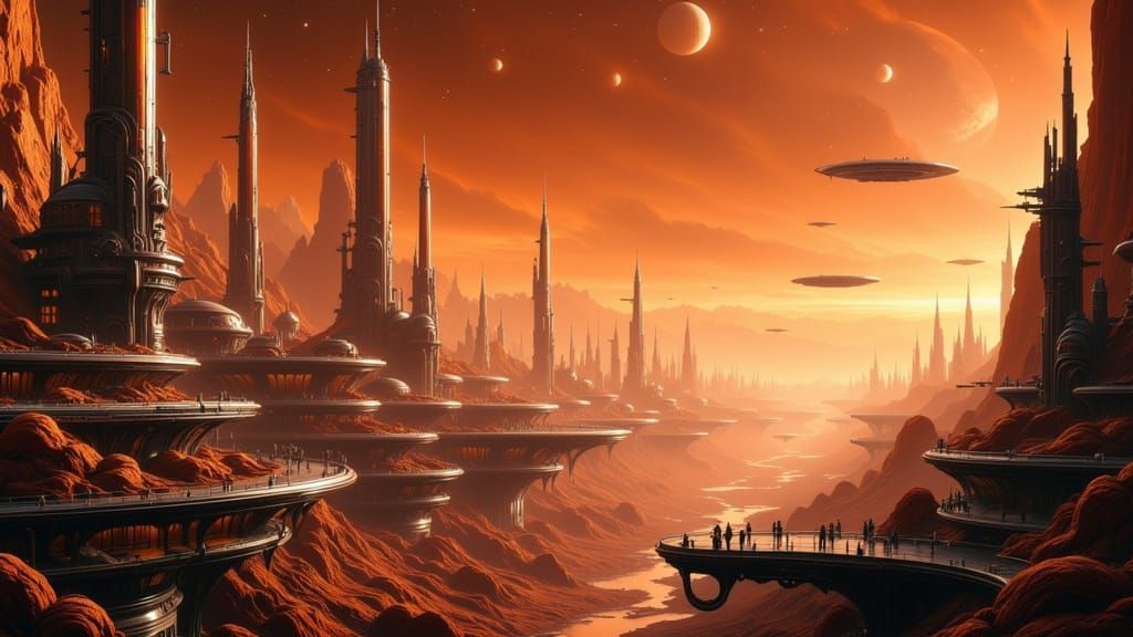Futuristic Martian City View in Oil Painting Style