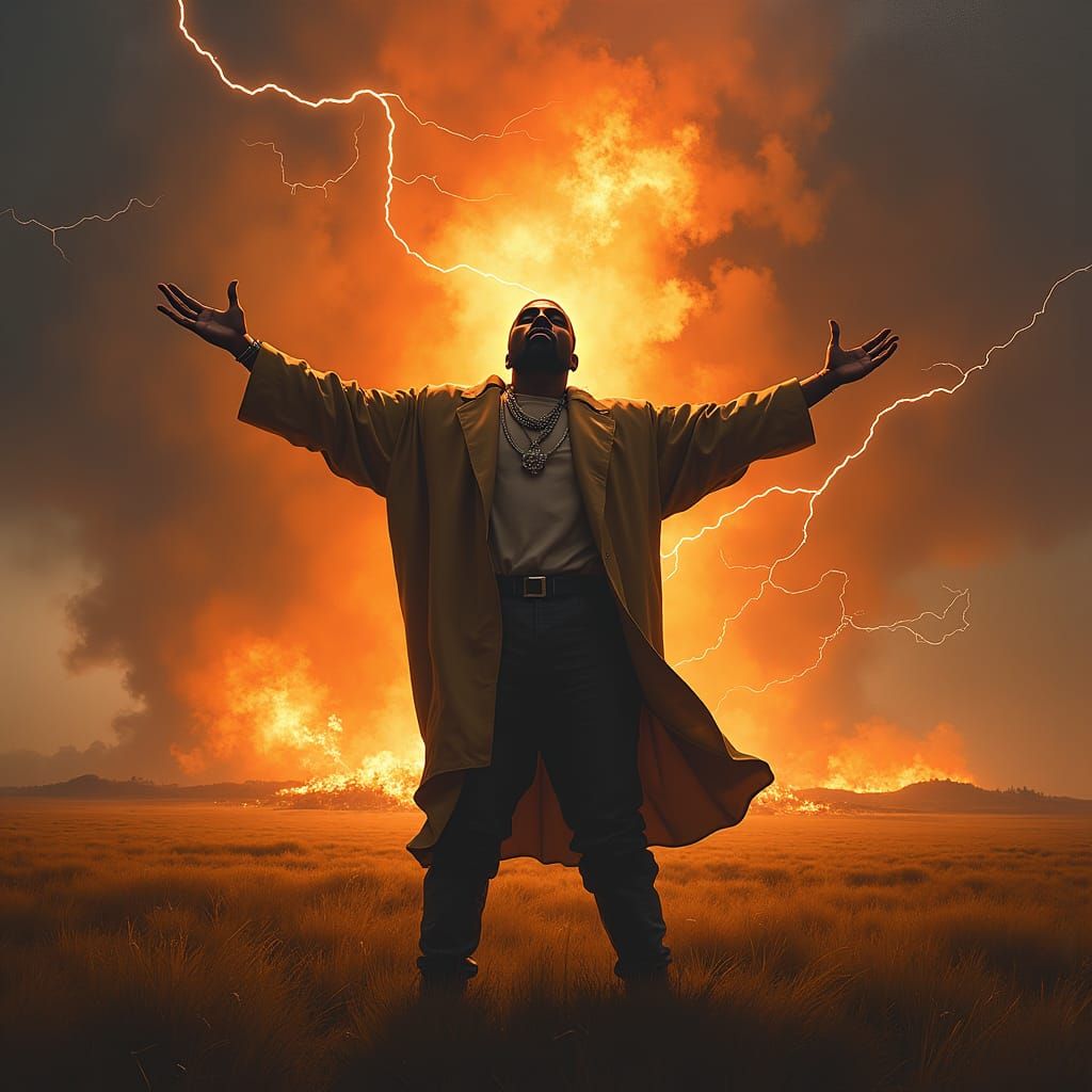 Kanye West in Fiery Thunderstorm Oil Painting