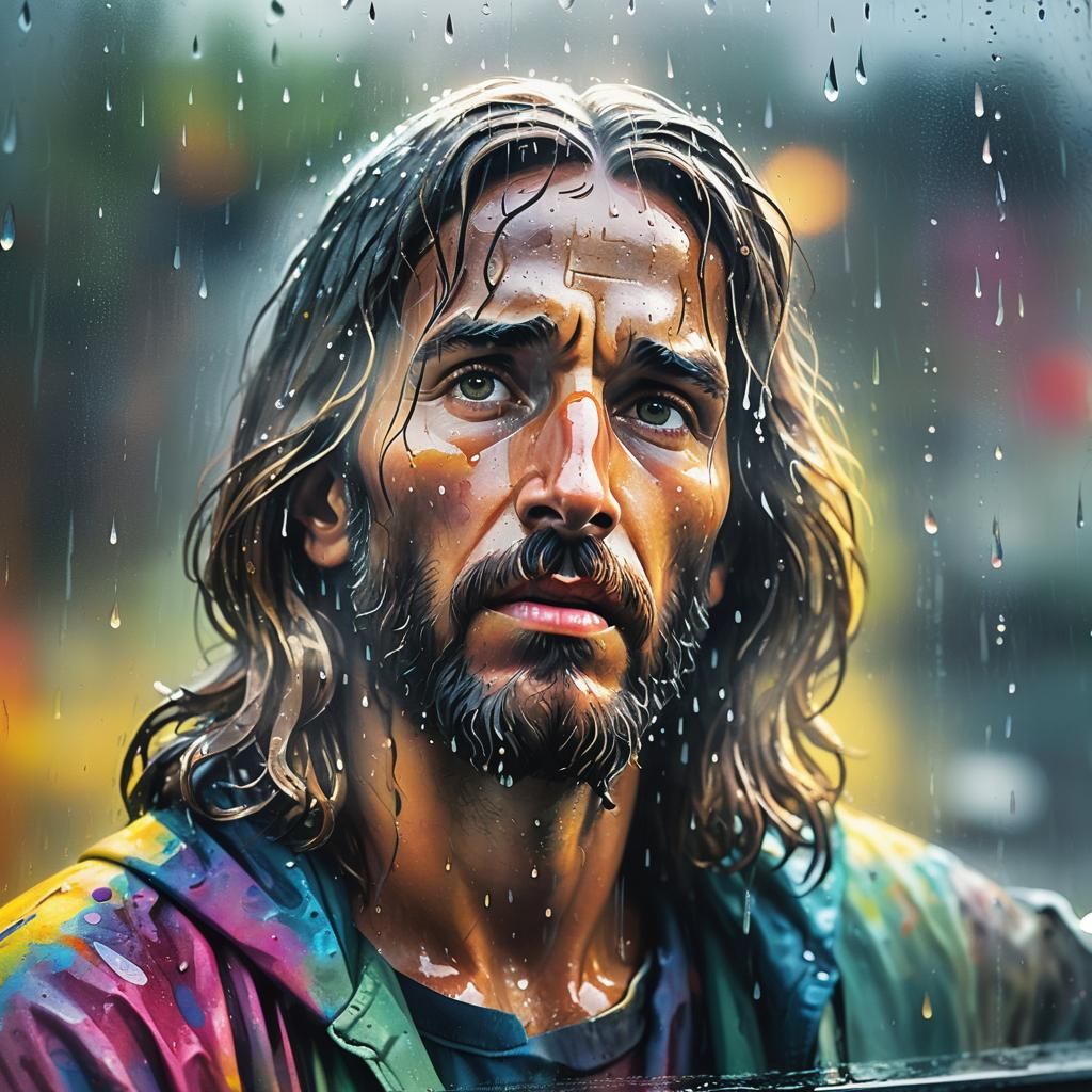 Rainy Van Window with Jesus Saves Inscription