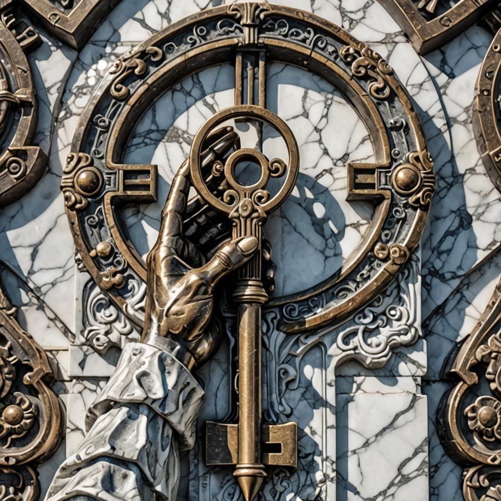 Ancient Bronze Key Held in Marble Hand