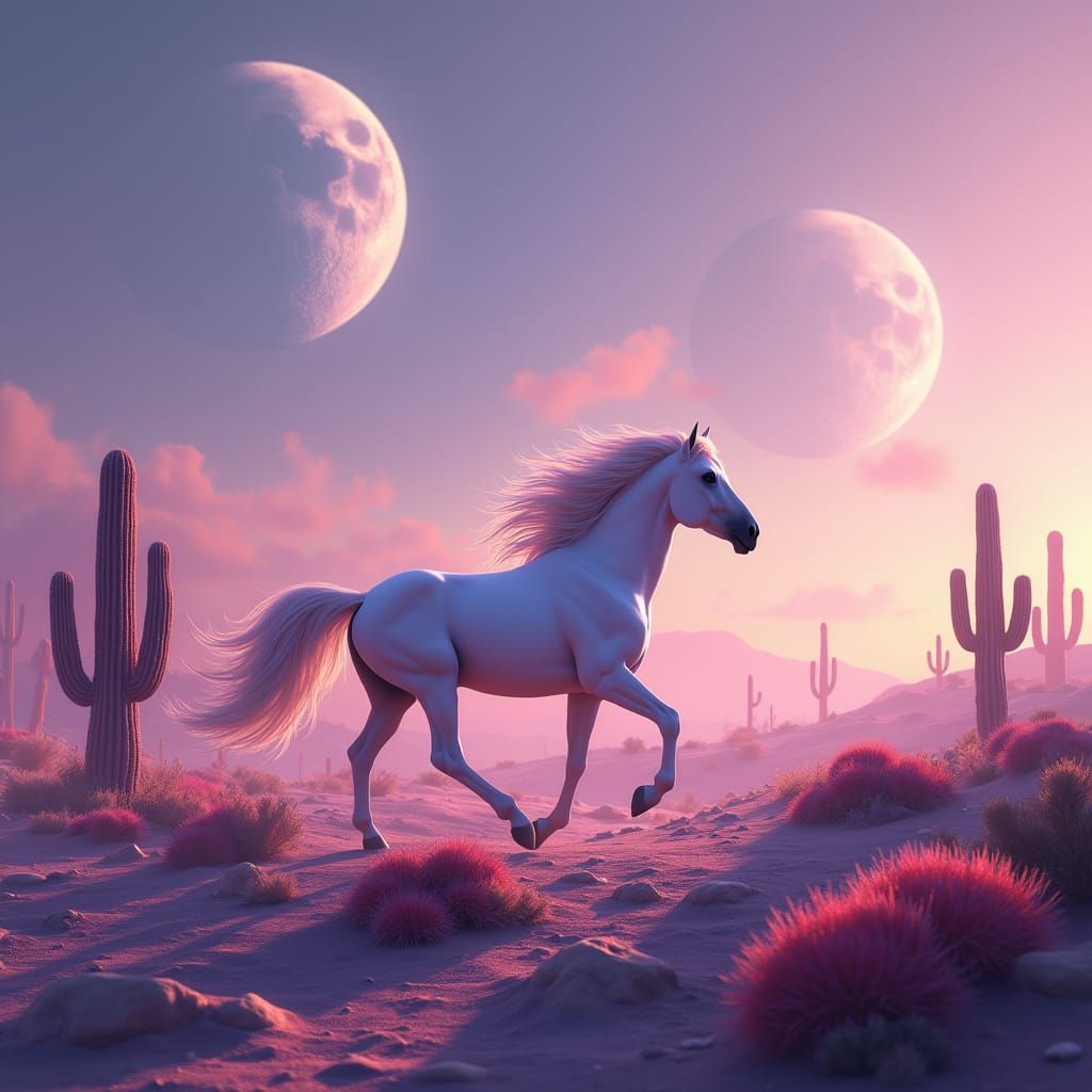 White Horse Gallops Through Alien Desert Under Twin Moons