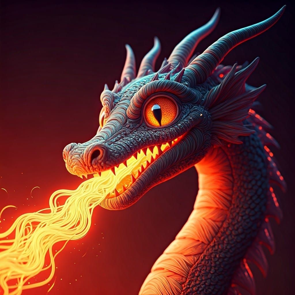 Yarn Dragon Breathing Fire: 3D Digital Art