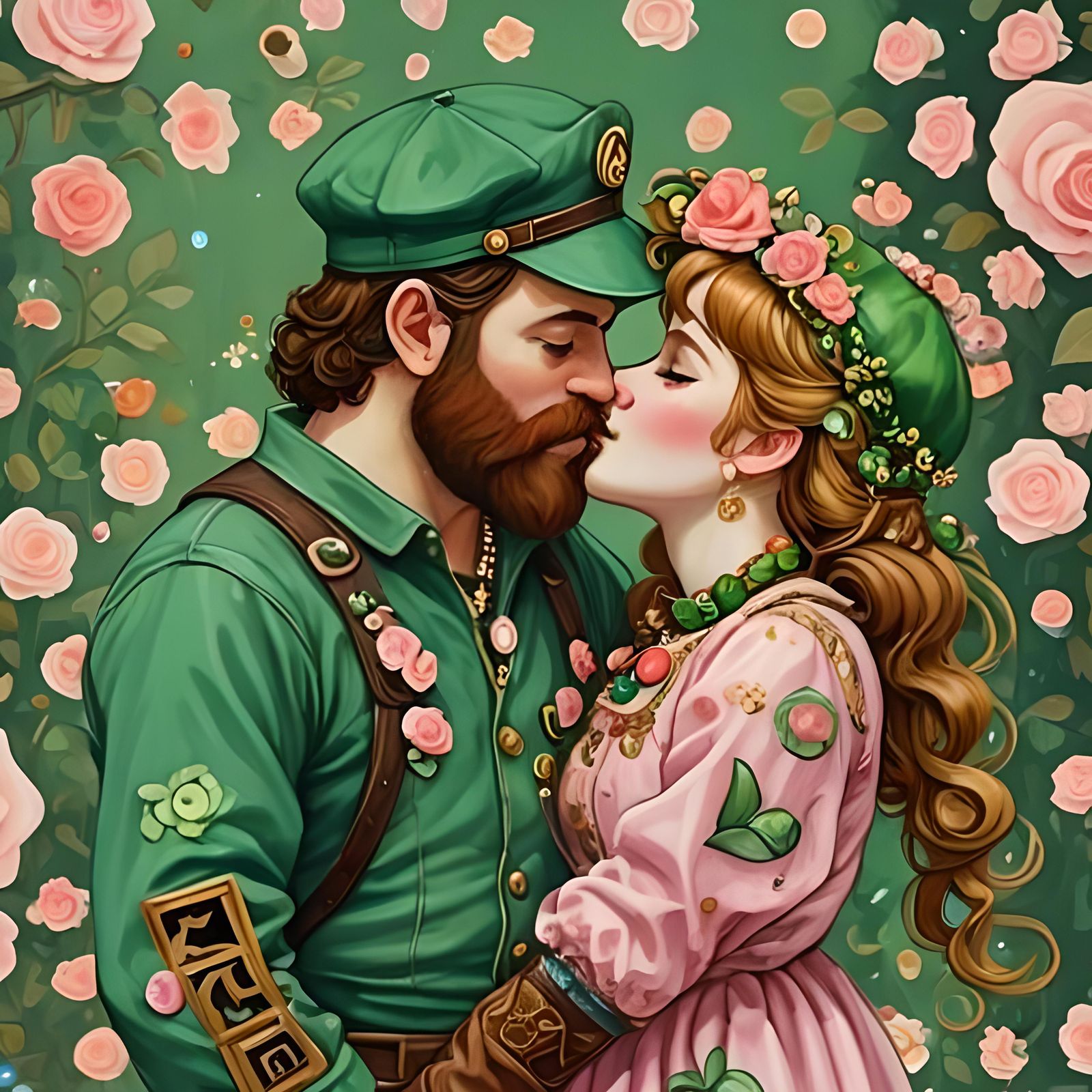 Luigi and Princess Peach: Klimt-Inspired Kiss