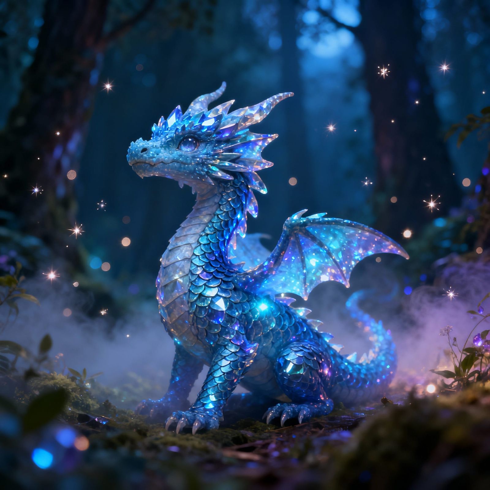 Magical Sapphire Dragon in Enchanted Forest at Night