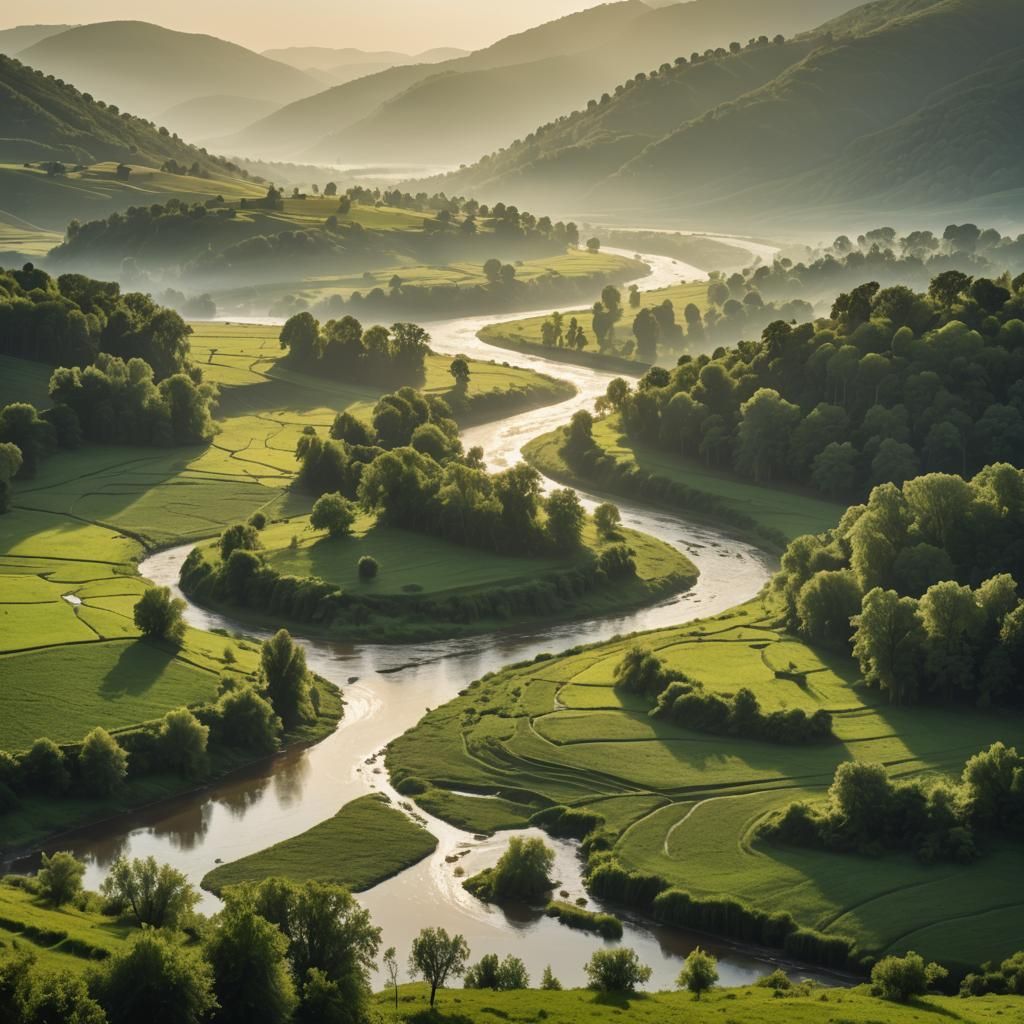 Majestic River Flows Through Lush Green Valley