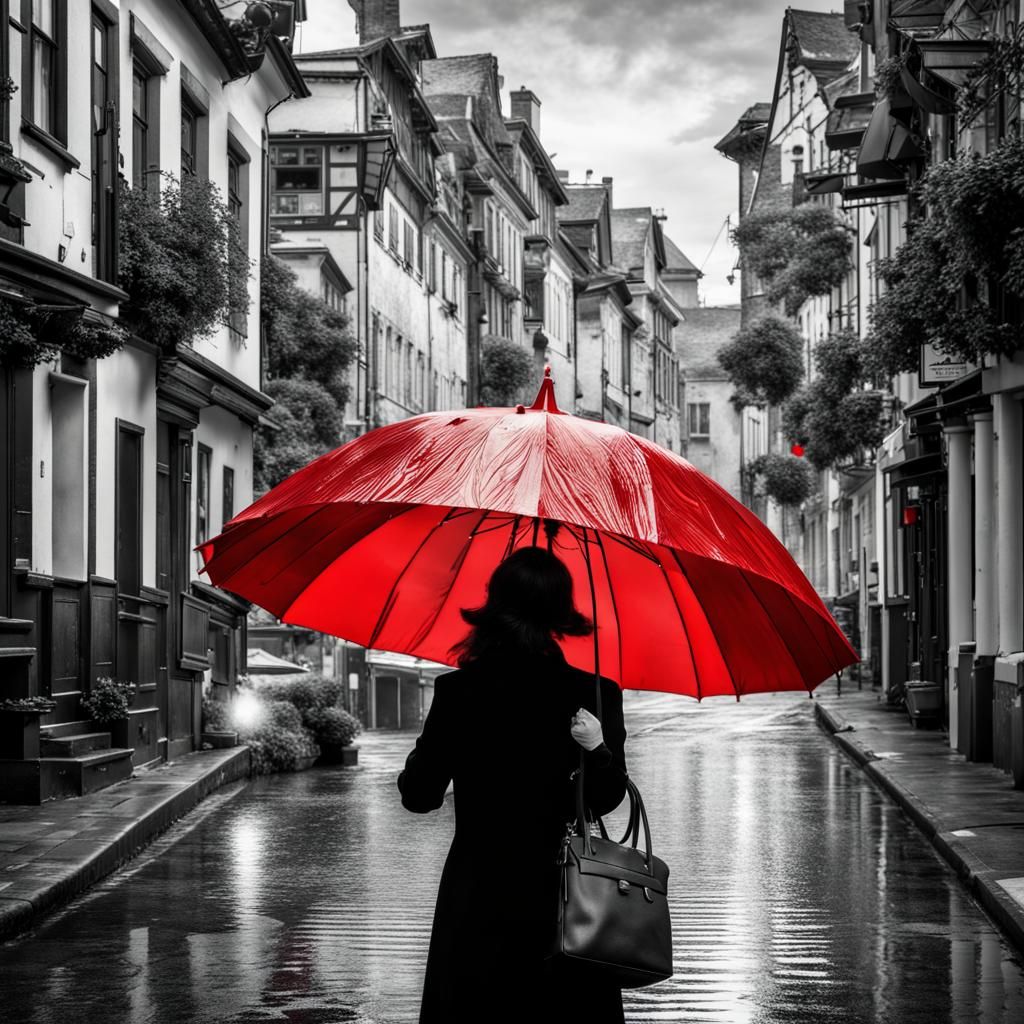 Striking Color Splash: Woman with Red Umbrella