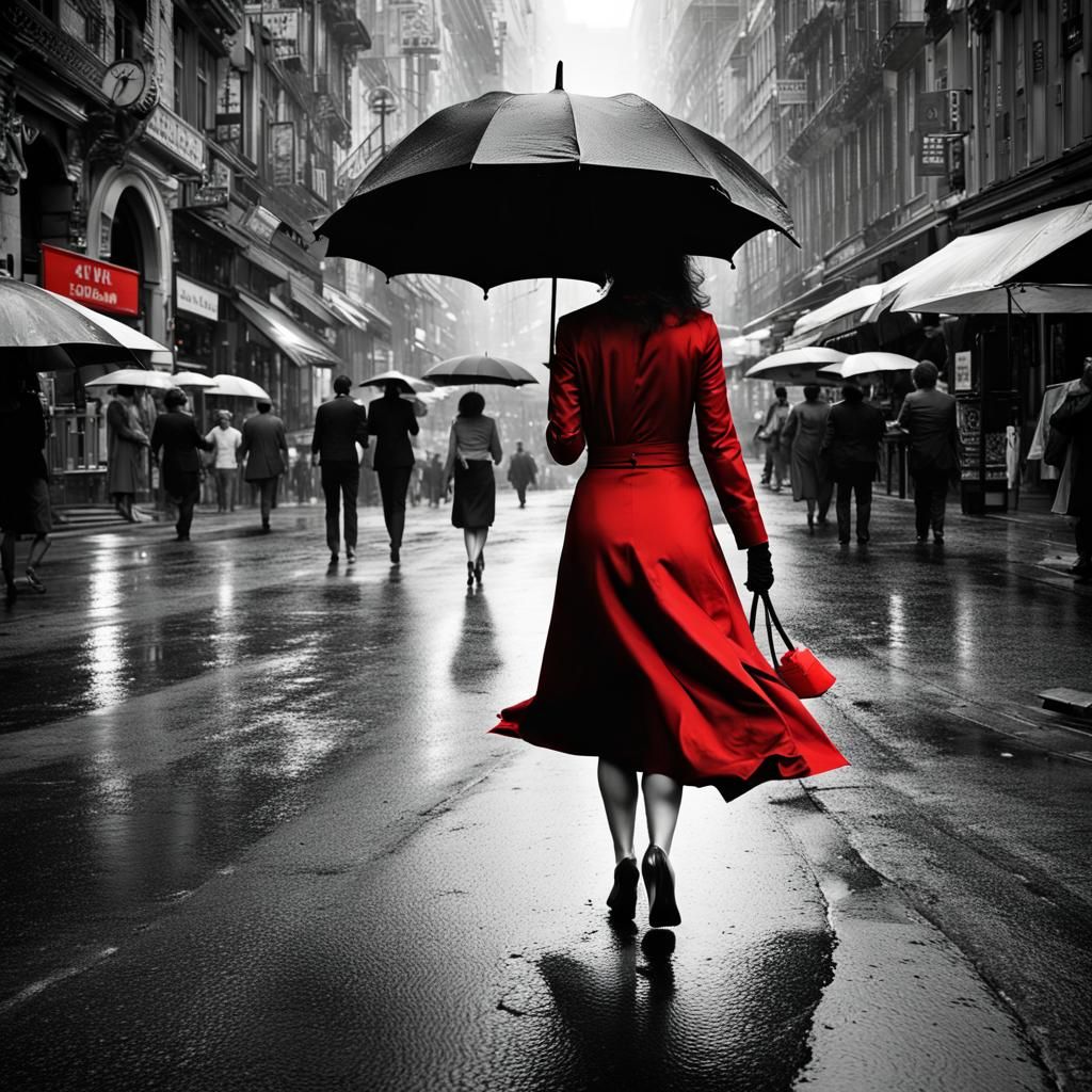 Vibrant Red Umbrella in Monochrome Cityscape