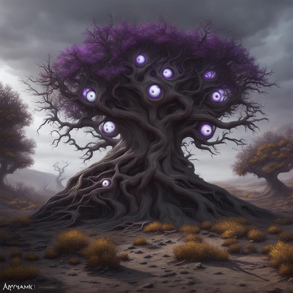 Evil Eyeball Tree in Ash Wasteland, Dark Fantasy