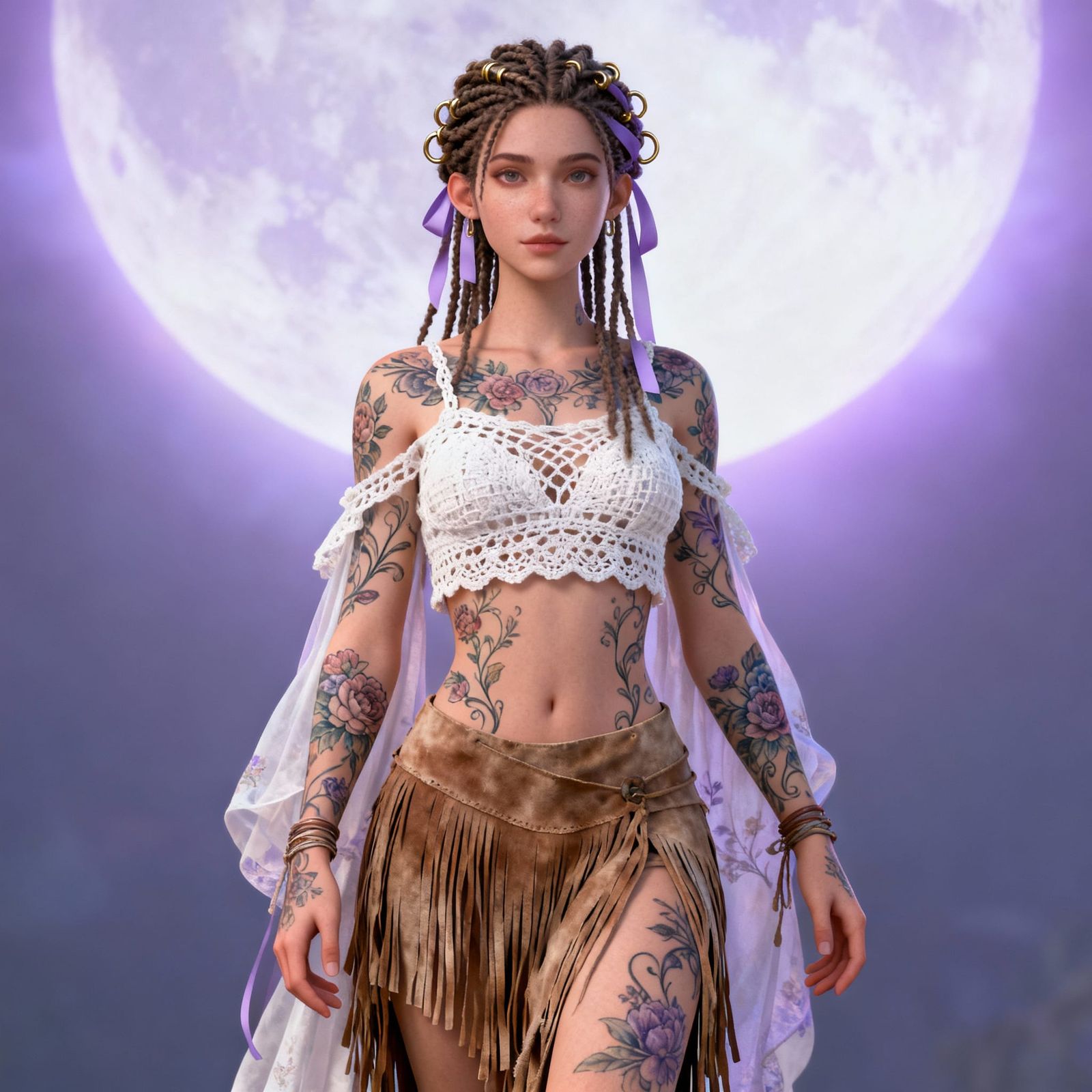 Ethereal Serpent Woman with Micro-Locs and Floral Tattoos