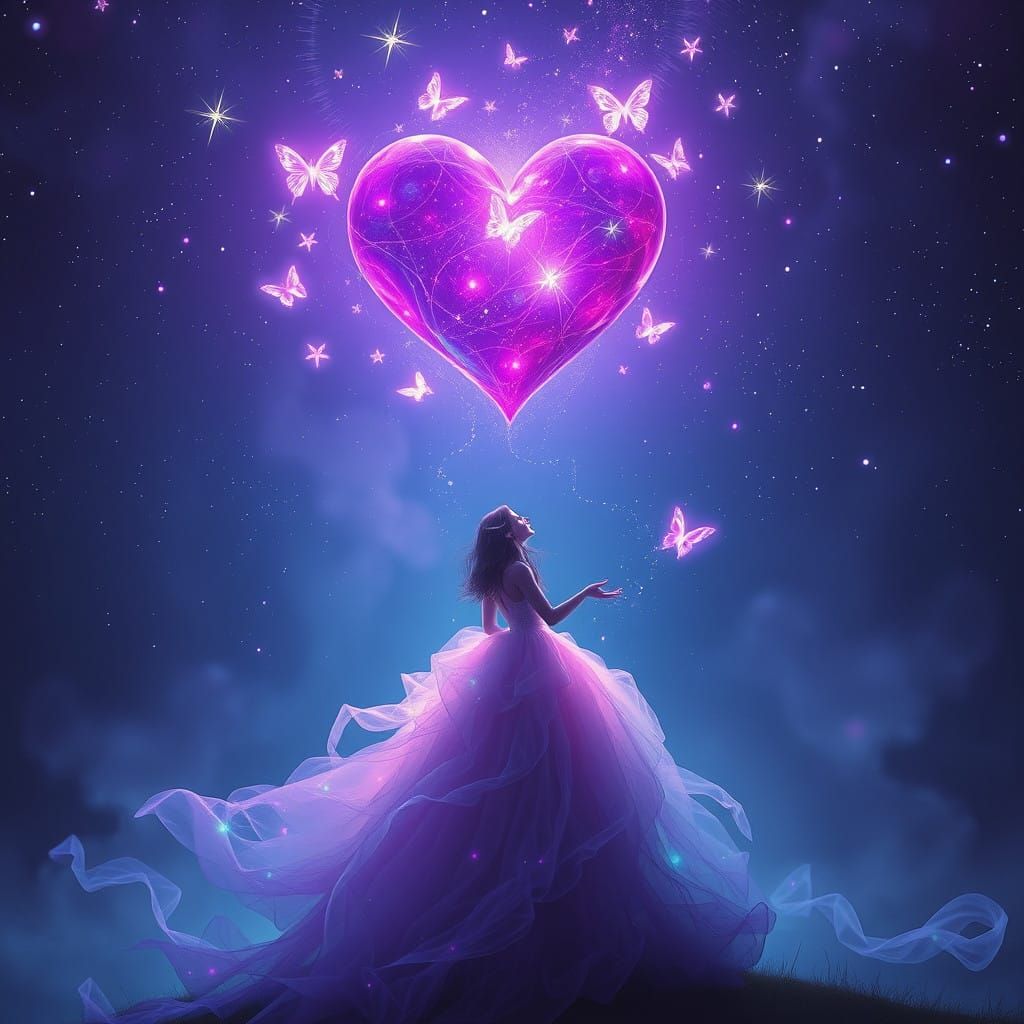 Whimsical Woman in Dreamy, Surreal Night Sky