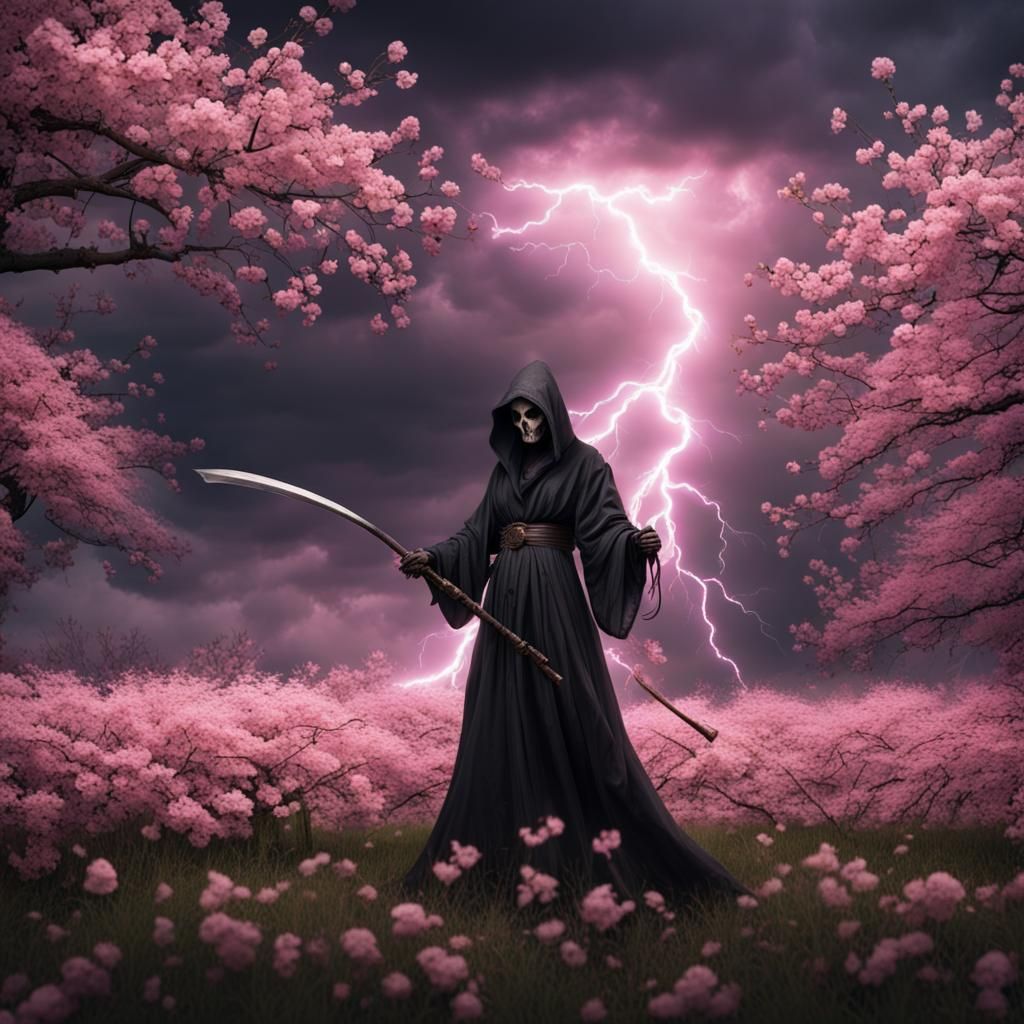 Female Grim Reaper in Cherry Blossom Field