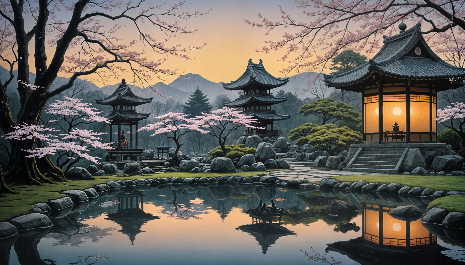 Samurai Meditating in Serene Dusk Garden