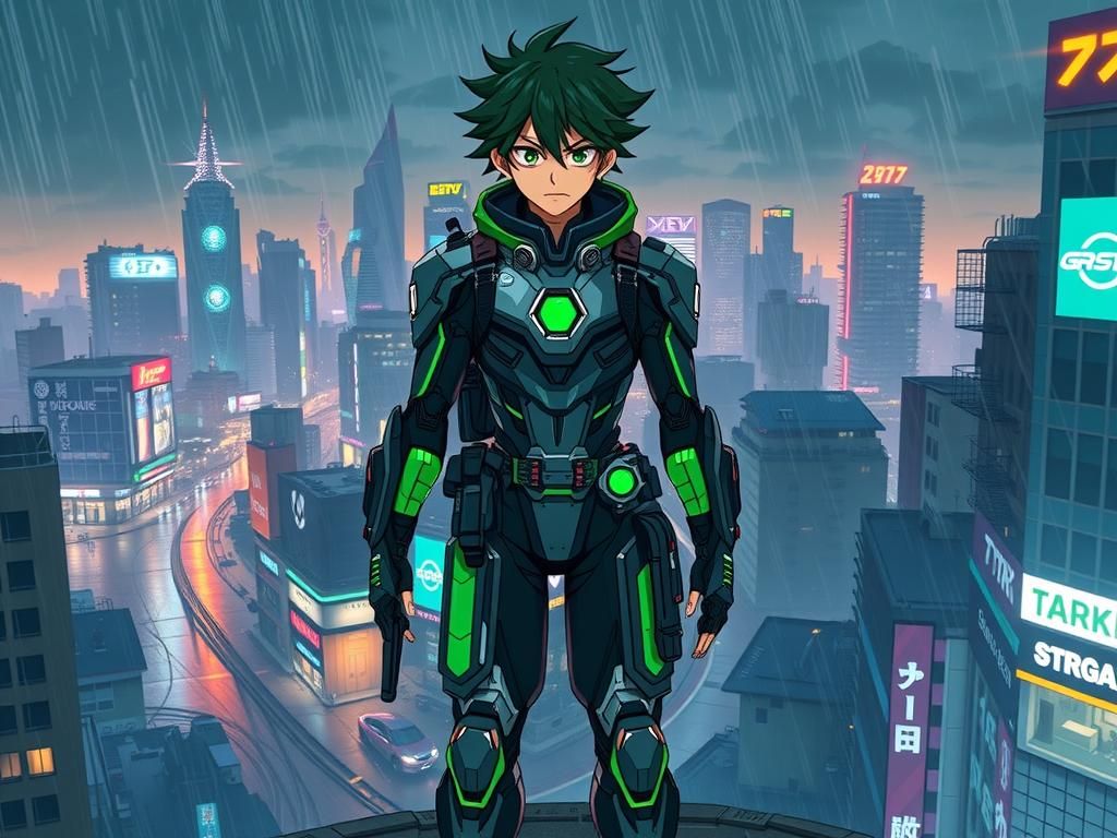 Izuku Midoriya as Mercenary in Dystopian Cyberpunk Cityscape