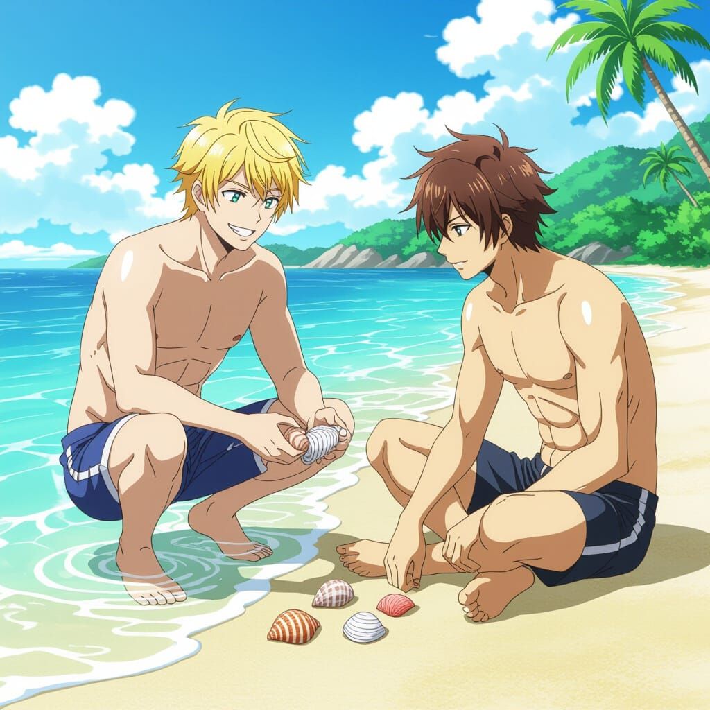 Anime Style Beach Scene: Seashell Collecting Duo
