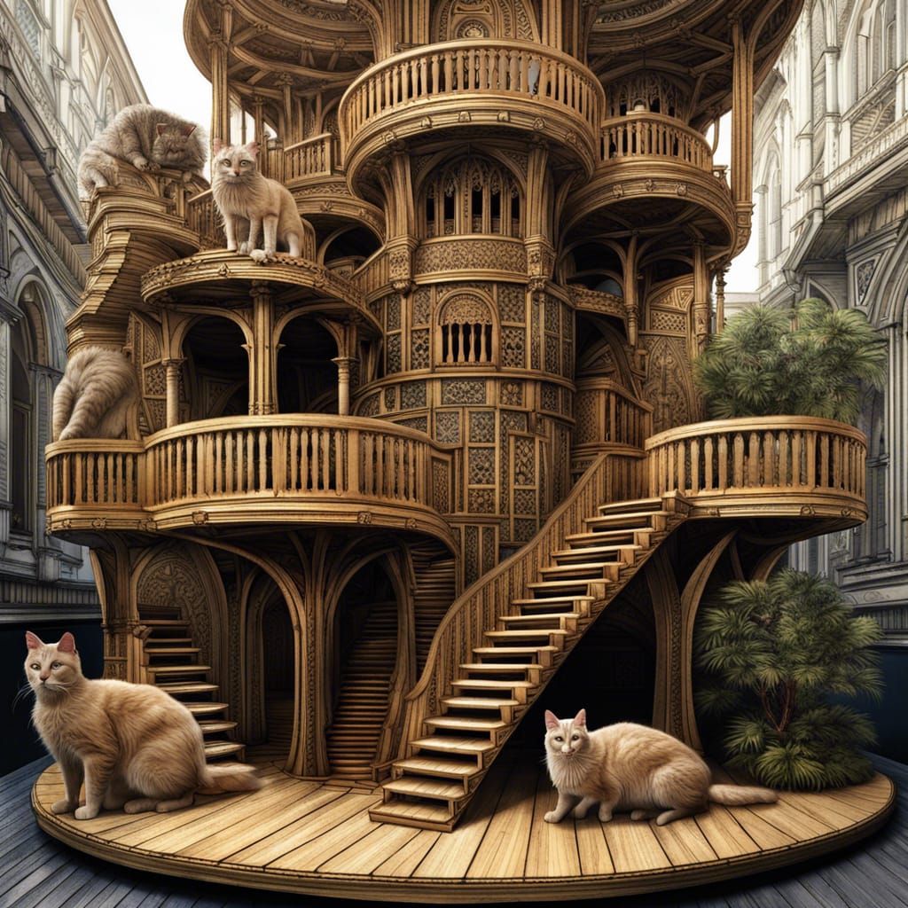 Gothic Cat Patio with Hyperrealistic Cats