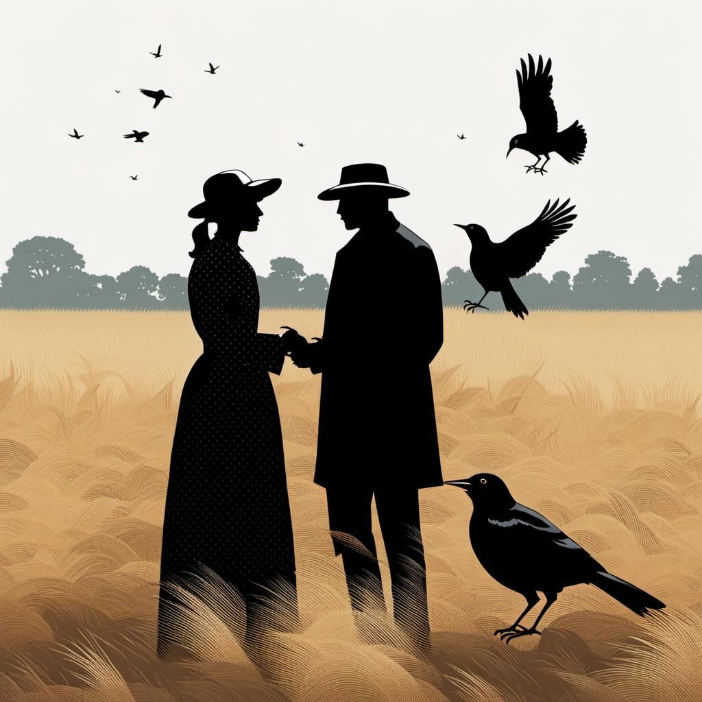 Couple with Black Bird in Field