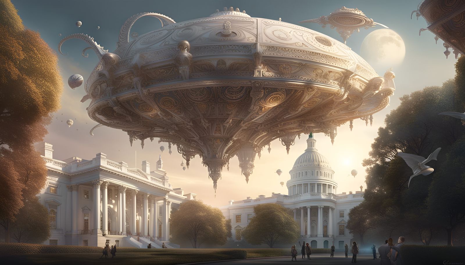 Surreal Spaceship Over White House in Art Nouveau Style