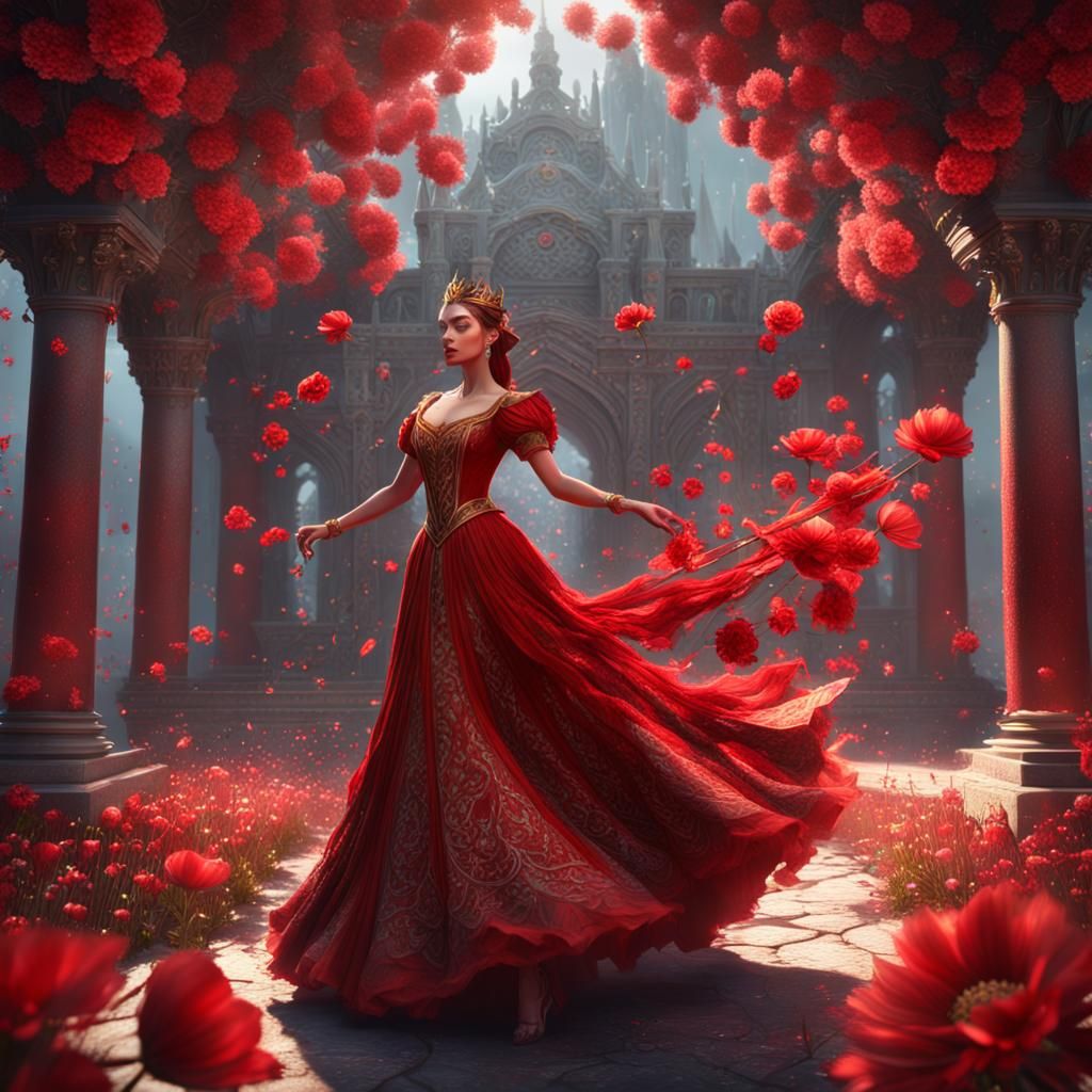 Princess Creates Magical Red Flowers: Fantasy Art