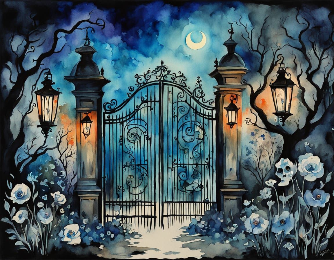 Vintage Watercolor Haunted Garden with Rusted Gate