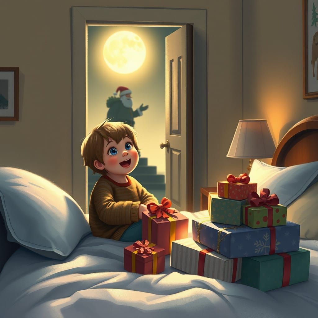 Wide-Eyed Child Discovers Magical Christmas Night Scene