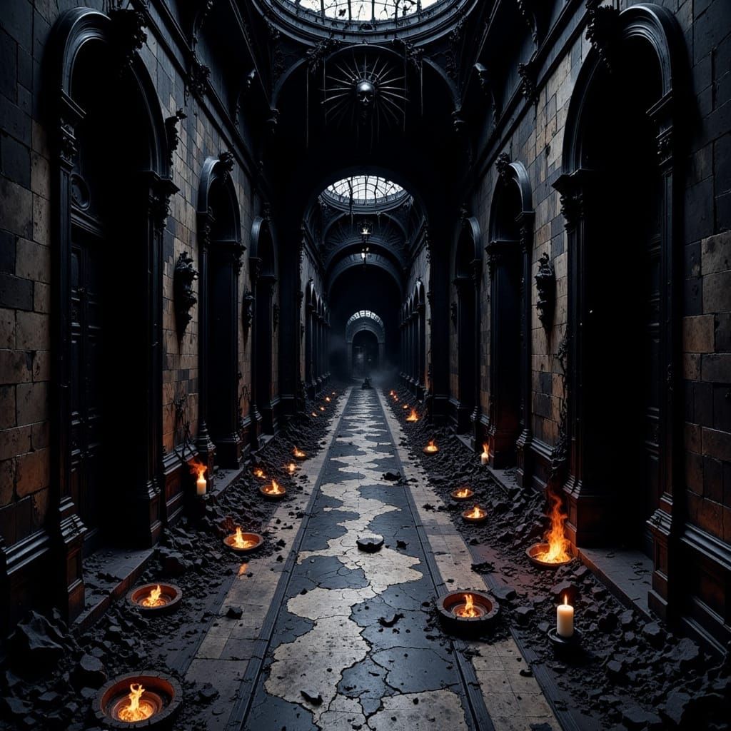 Gloomy Corridor with Dark Doors and Cobwebs