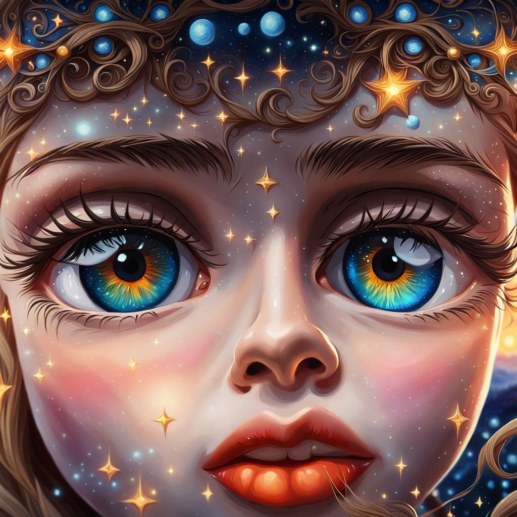 Eyes Over Fantasy Landscape in Oil Painting Style