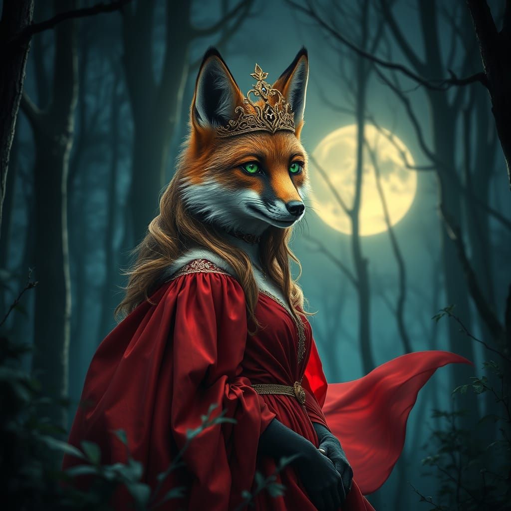 Regal Fox Princess in Moonlit Mystical Forest