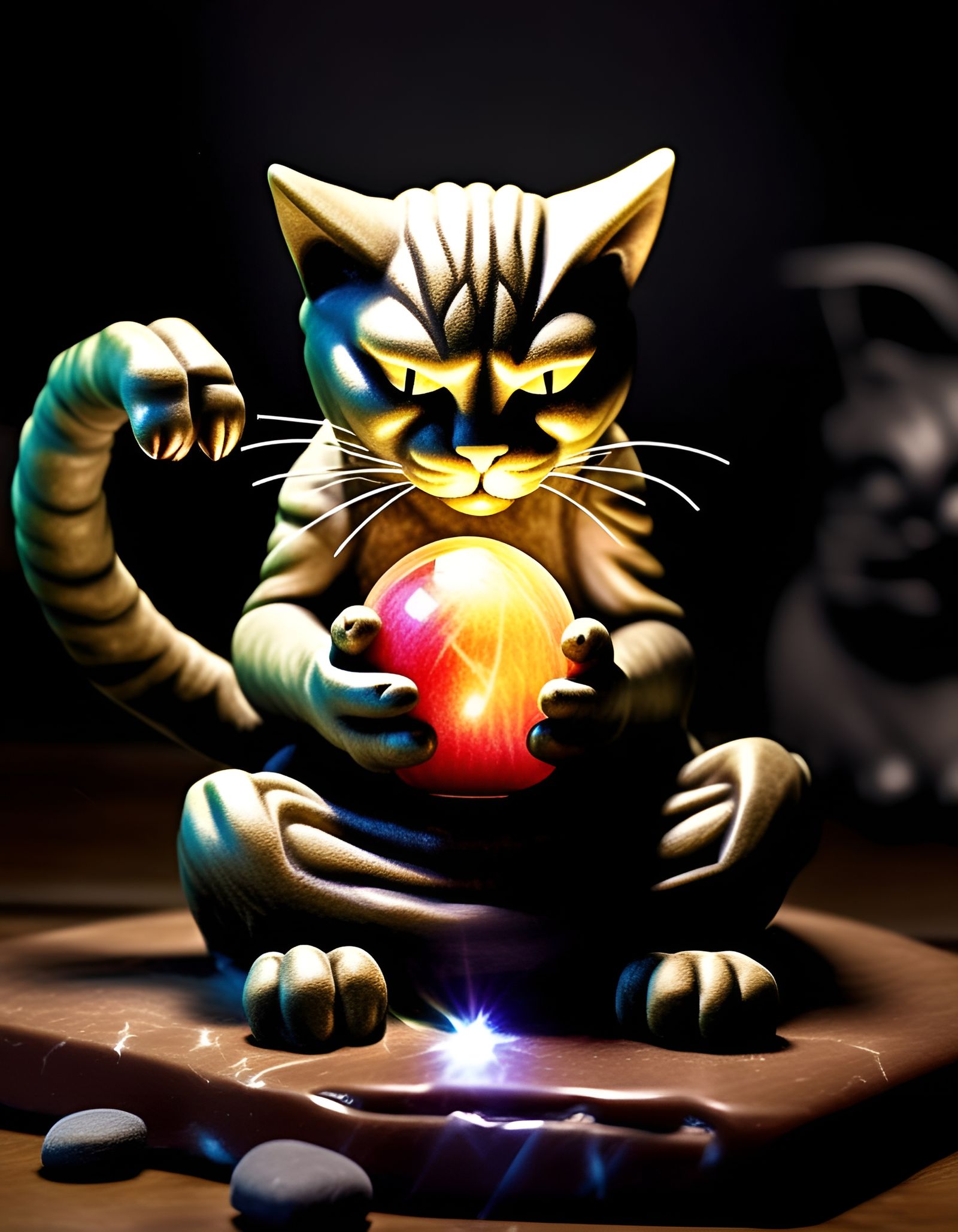 Tabby Cat Stone Statue Meditating with Dragon