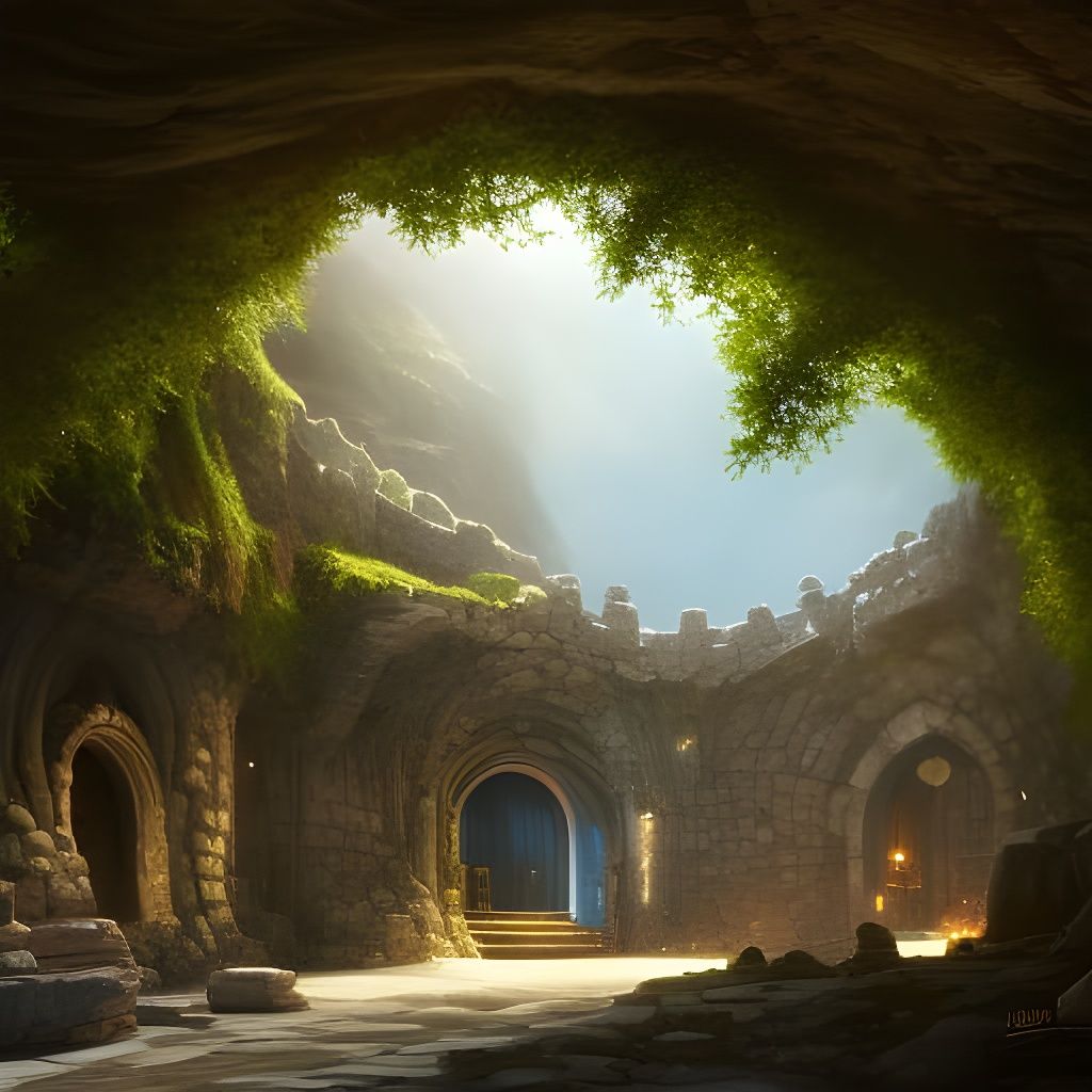 Medieval City at Cave Entrance, Digital Art