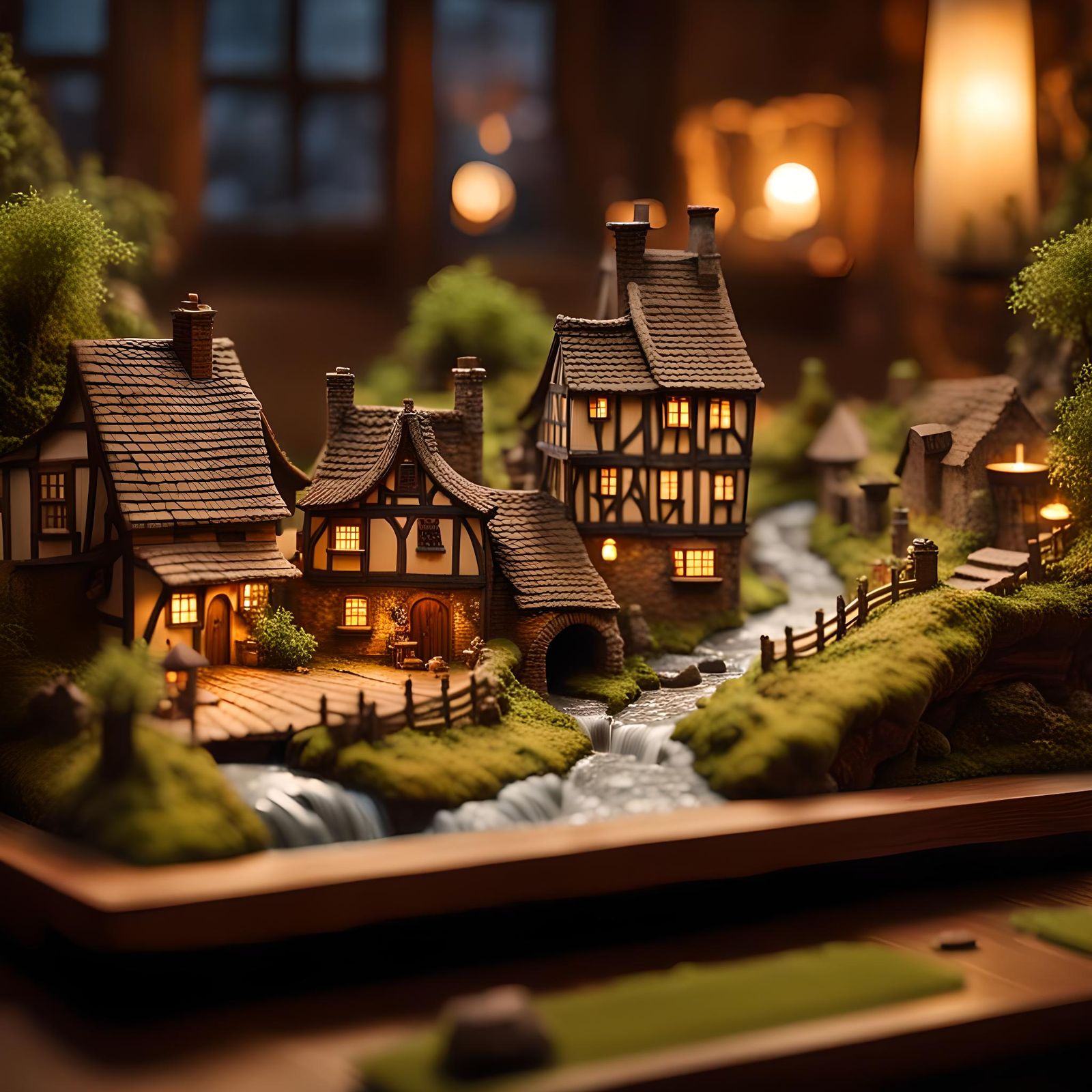 Medieval Village Diorama Seamlessly Integrated on Wooden Tab...