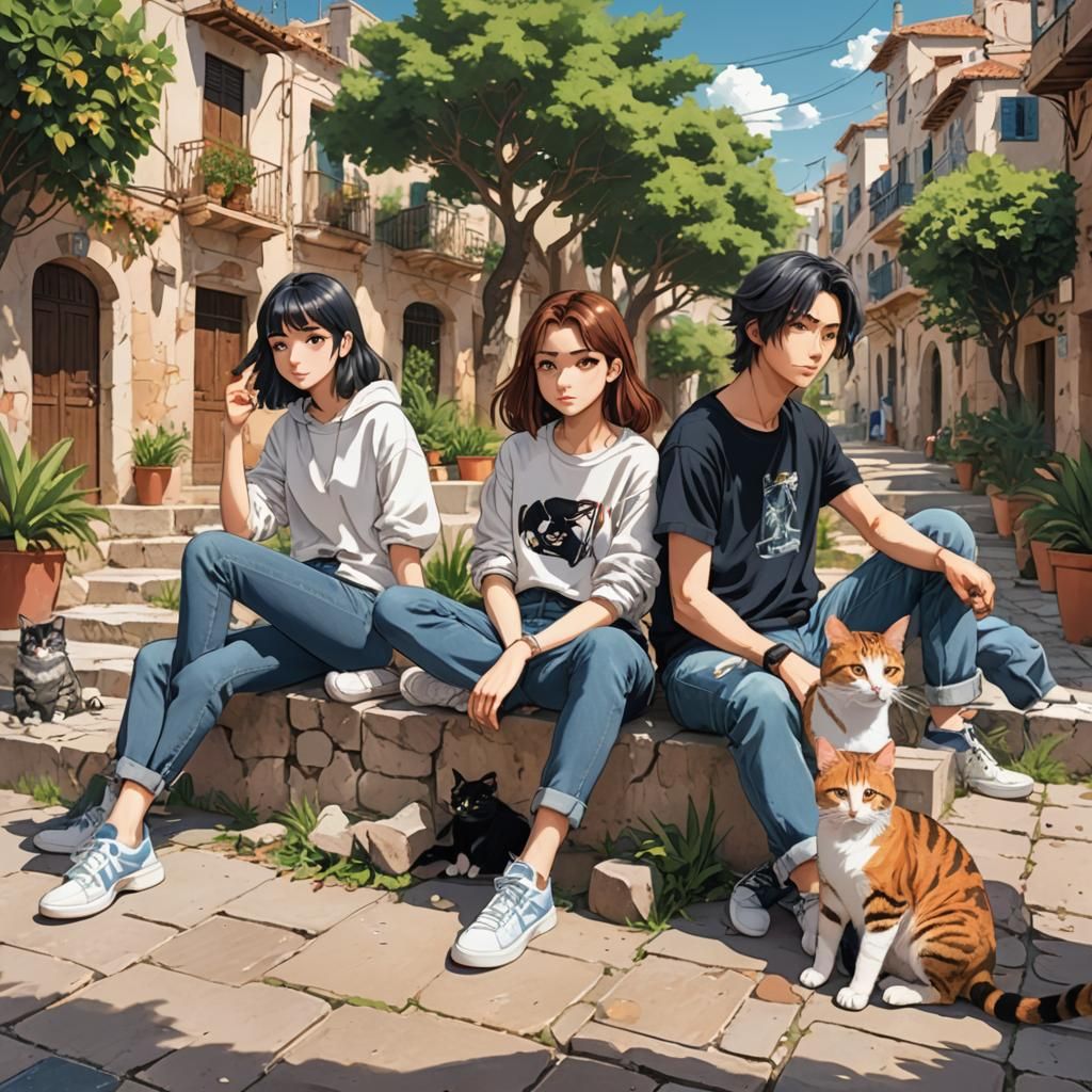 Anime-Style Warriors in Mediterranean Landscape