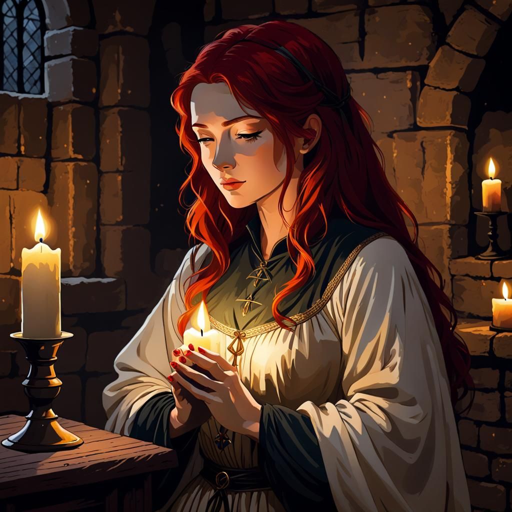 Medieval Woman Praying by Candlelight in Anime Style