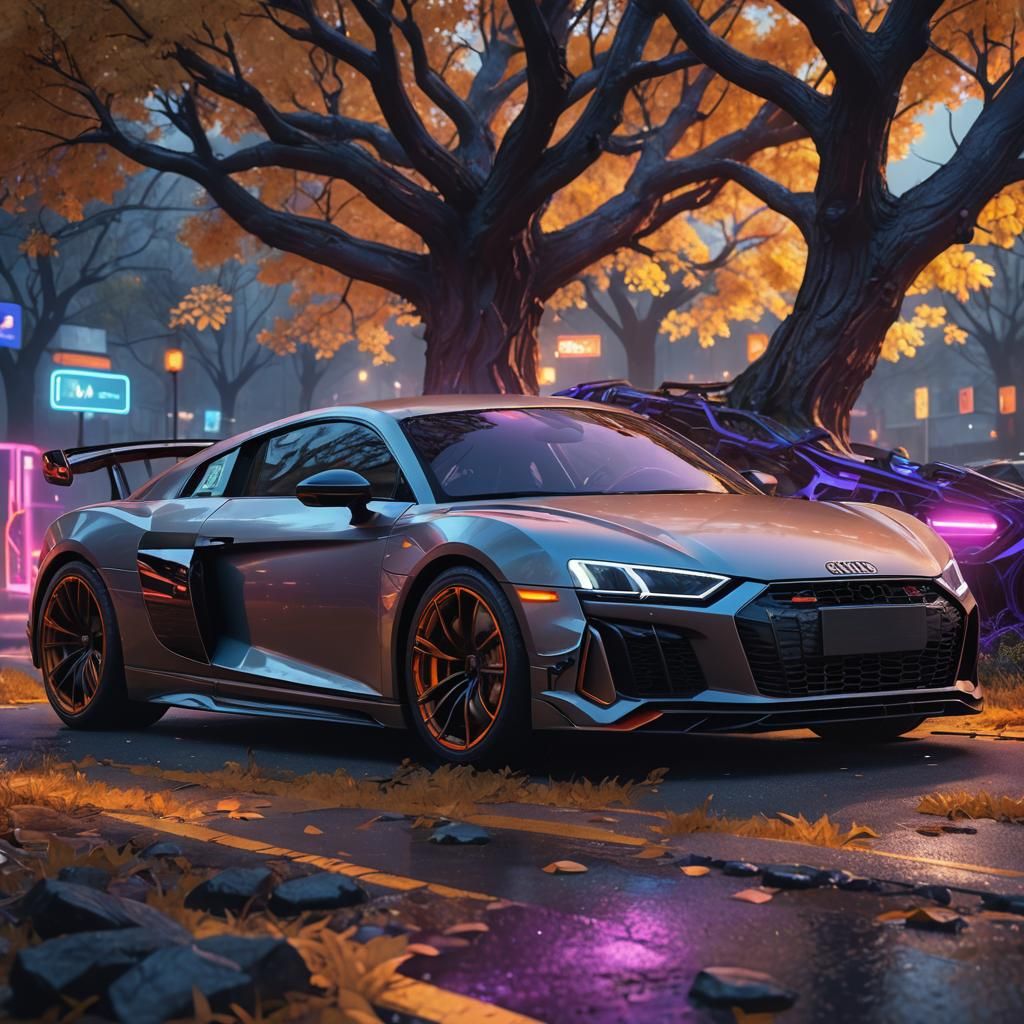 Futuristic Audi R8 in Surreal Fantasy Landscape