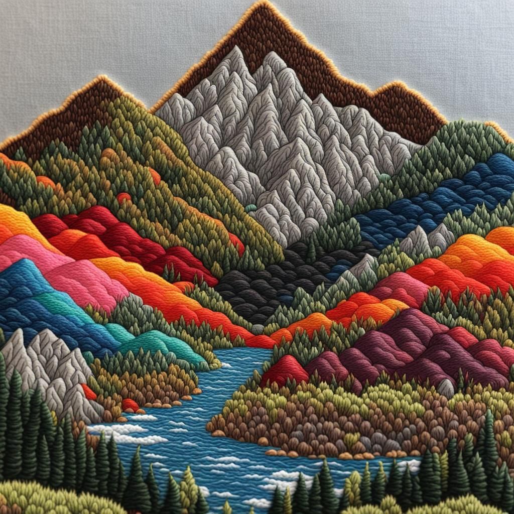 Colorful Needle Punch Embroidery Mountain Landscape