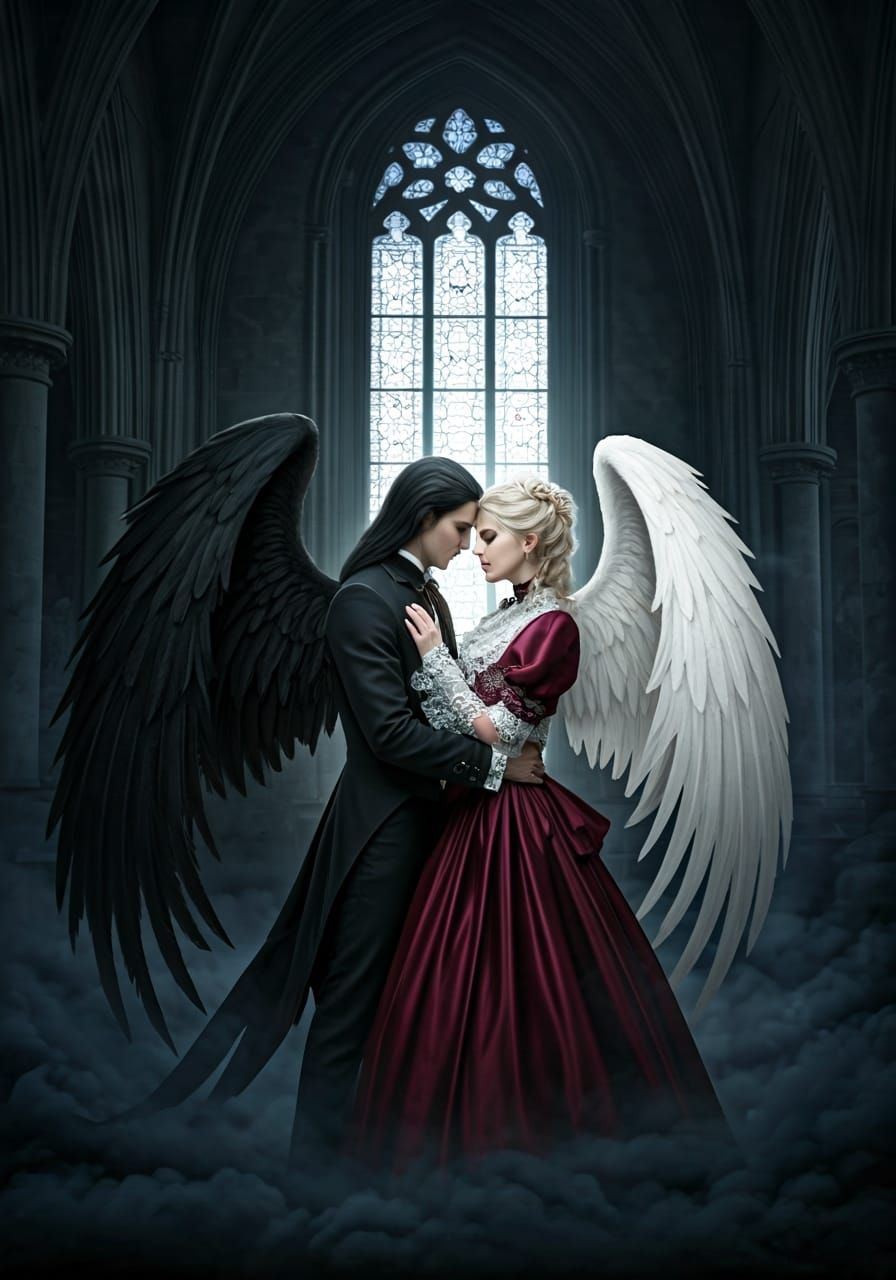 Angels Embrace in Gothic Cathedral, Victorian Style